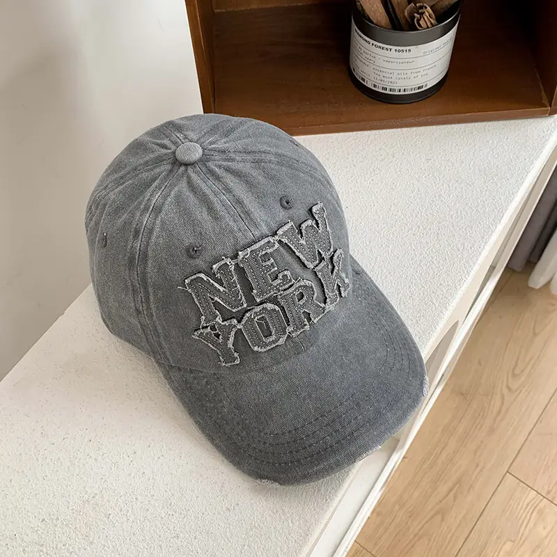 New York Washed Denim Cap Women Retro Dressed Ripped Hole Big Head Showing Face Small Hat Trendy - Image 3