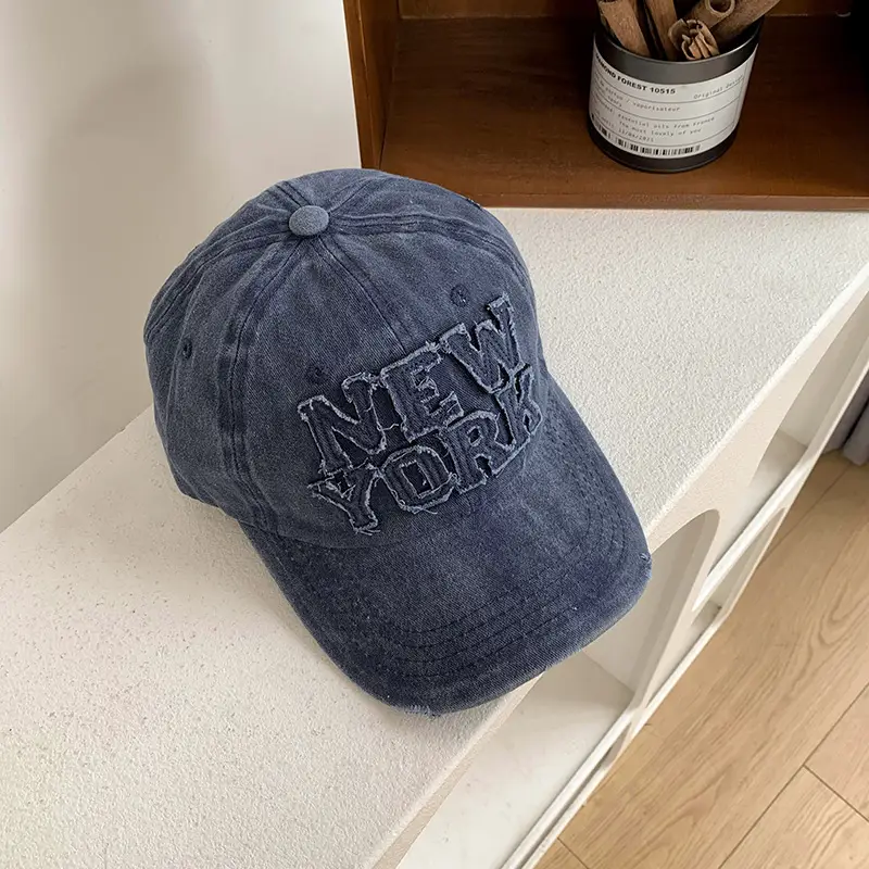 New York Washed Denim Cap Women Retro Dressed Ripped Hole Big Head Showing Face Small Hat Trendy - Image 4