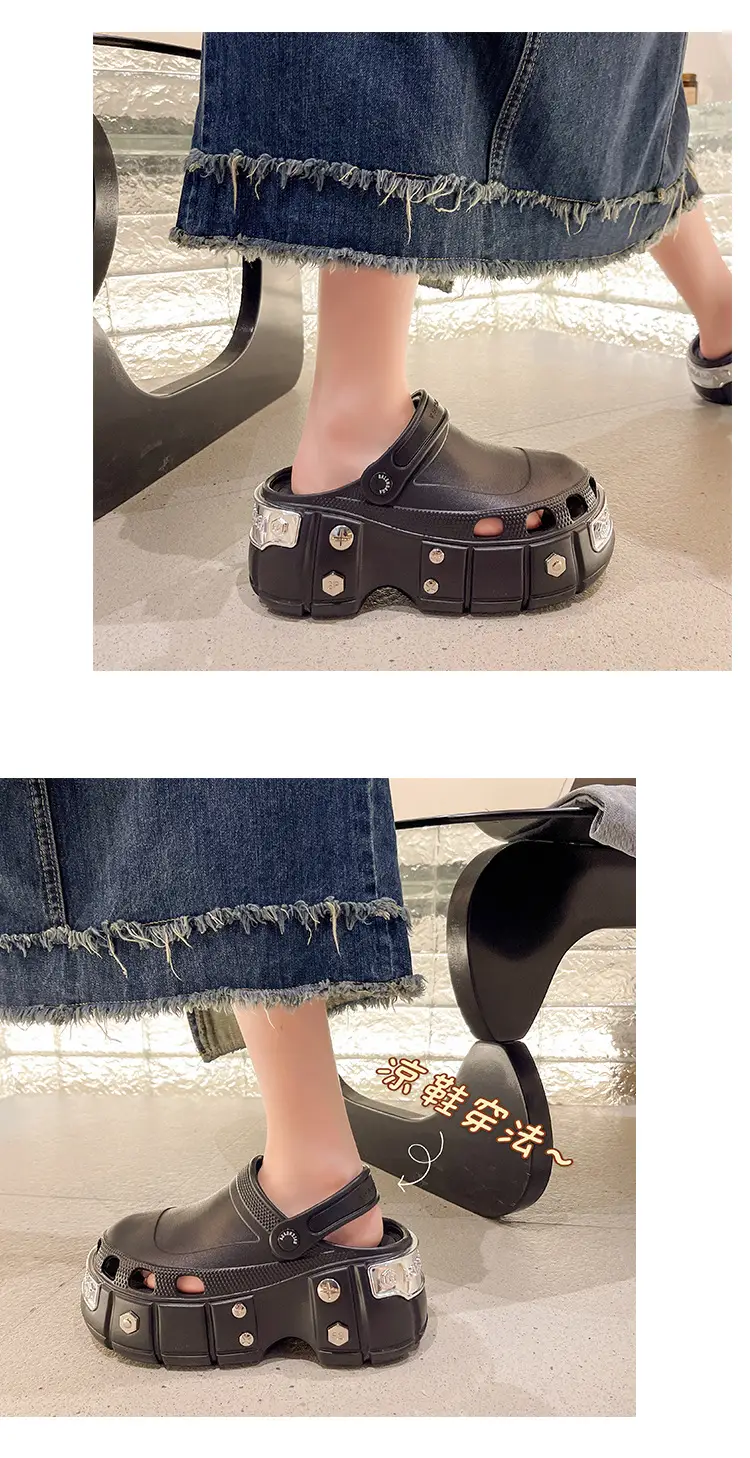 Internet celebrity slippers metal heightened platform Paris hole shoes women's summer 2023 Summer new breathable outerwear sandals — feature 10