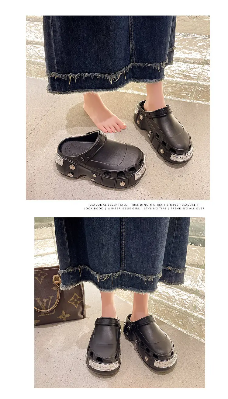 Internet celebrity slippers metal heightened platform Paris hole shoes women's summer 2023 Summer new breathable outerwear sandals — feature 5
