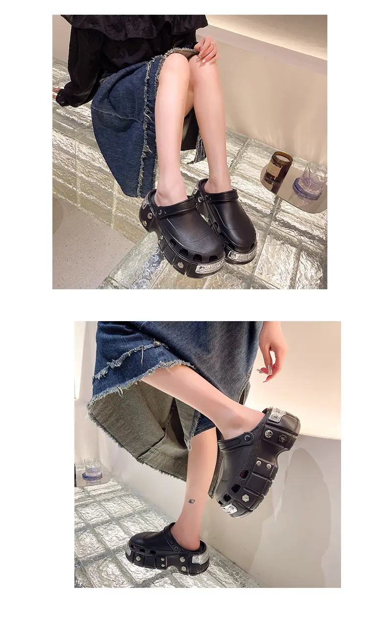 Internet celebrity slippers metal heightened platform Paris hole shoes women's summer 2023 Summer new breathable outerwear sandals — feature 6