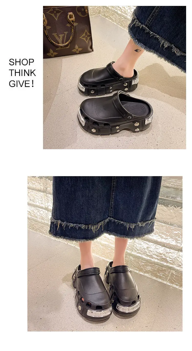 Internet celebrity slippers metal heightened platform Paris hole shoes women's summer 2023 Summer new breathable outerwear sandals — feature 7