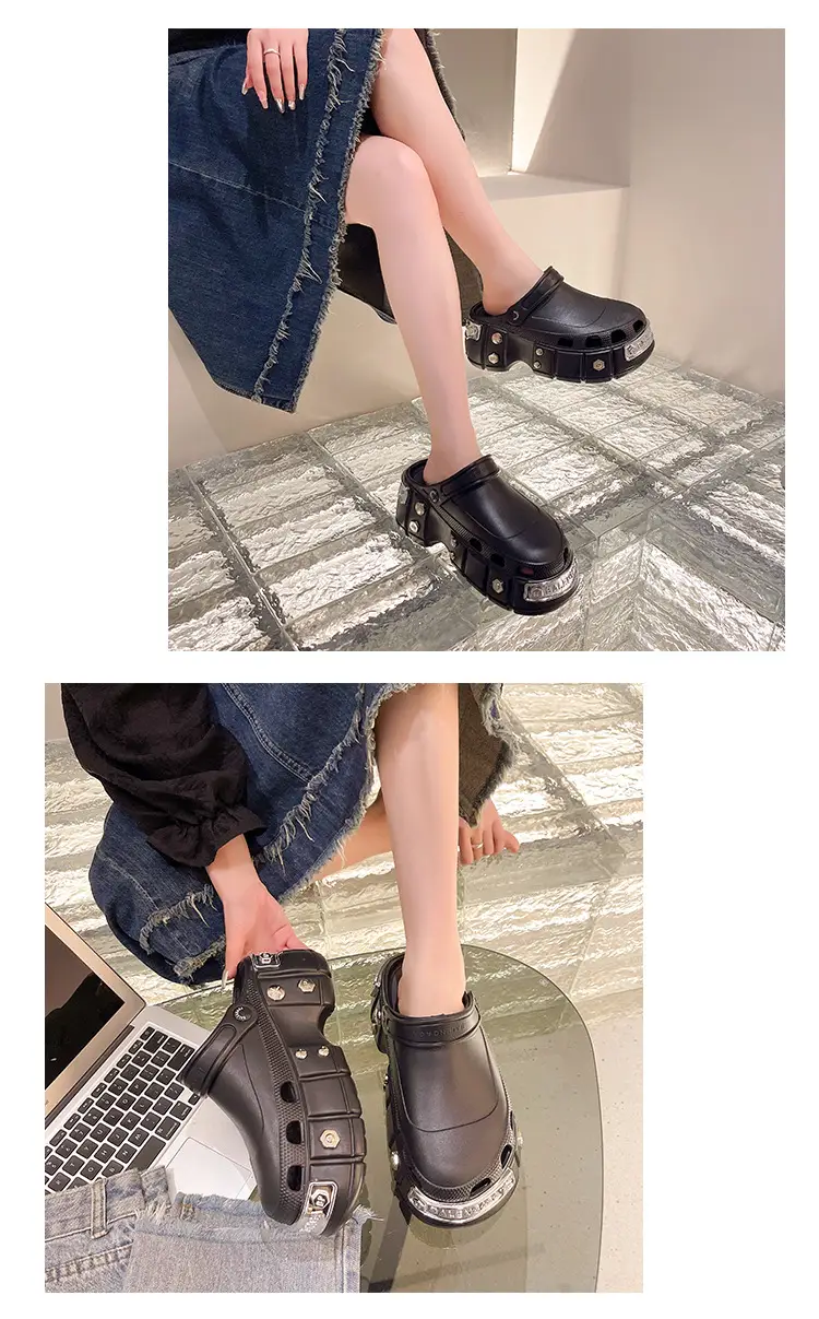 Internet celebrity slippers metal heightened platform Paris hole shoes women's summer 2023 Summer new breathable outerwear sandals — feature 8