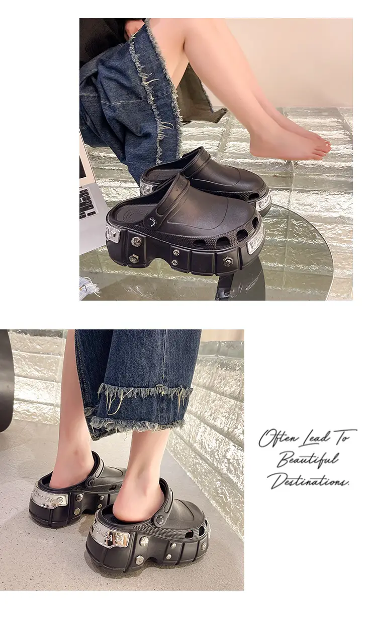 Internet celebrity slippers metal heightened platform Paris hole shoes women's summer 2023 Summer new breathable outerwear sandals — feature 9