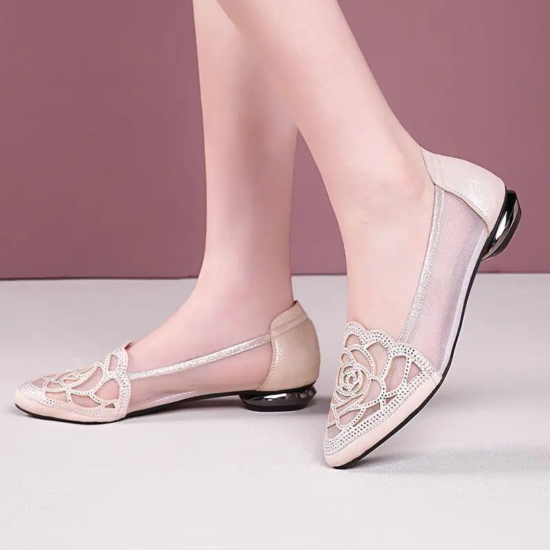 Soft Leather Single-layer Shoes Women's Mesh Flat Hollow Flat Heel Sandals Women's Summer 2023 New Toe Frosted Large Size Women's Shoes - Image 4