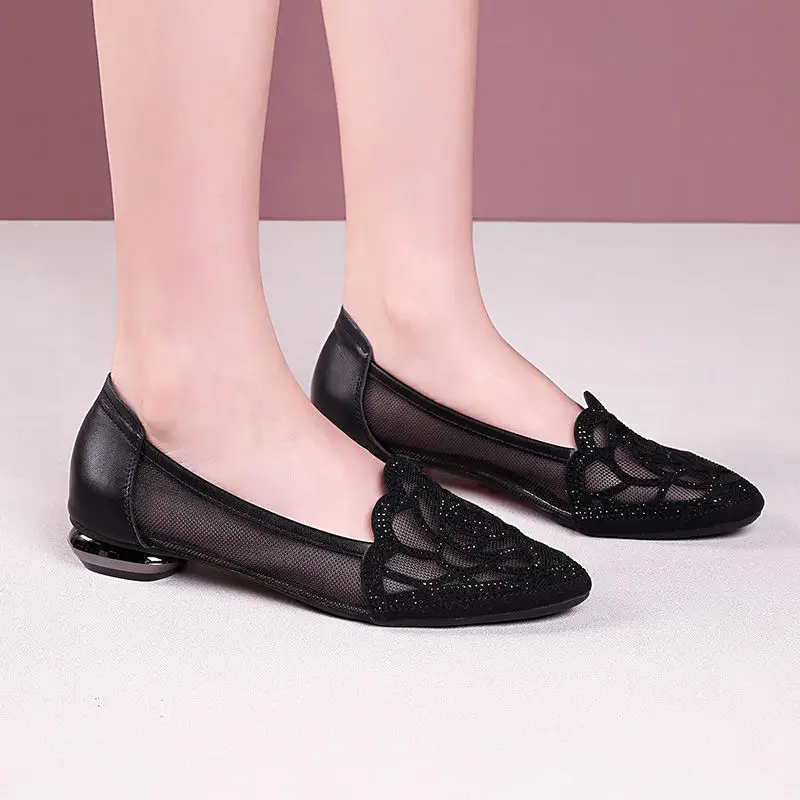 Soft Leather Single-layer Shoes Women's Mesh Flat Hollow Flat Heel Sandals Women's Summer 2023 New Toe Frosted Large Size Women's Shoes - Image 5