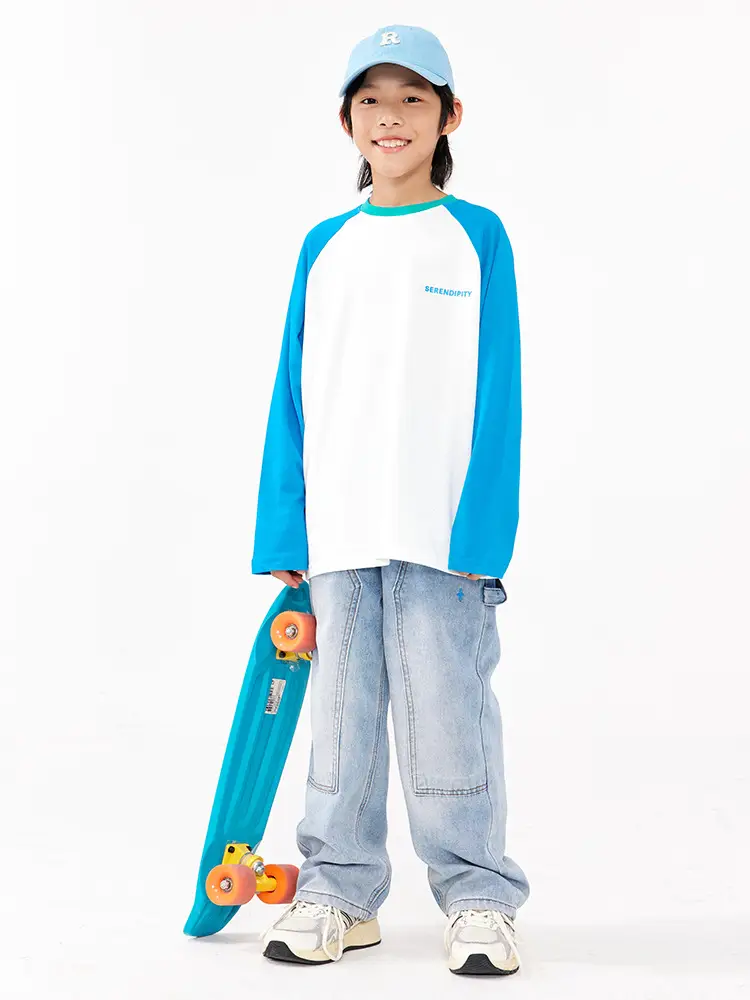 Girls Boys Retro Patchwork T-Shirt Blue White Spring New - Image 11