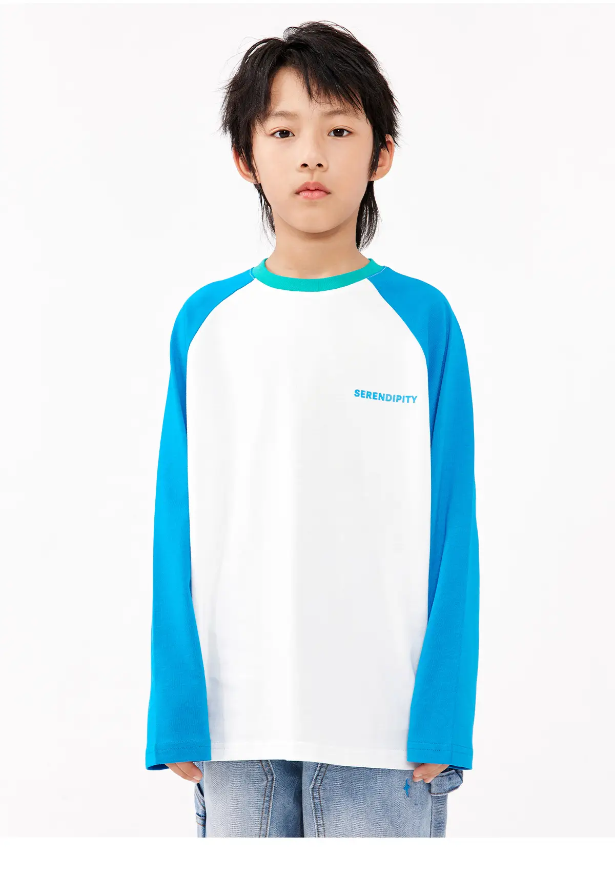 Girls Boys Retro Patchwork T-Shirt Blue White Spring New — feature 21