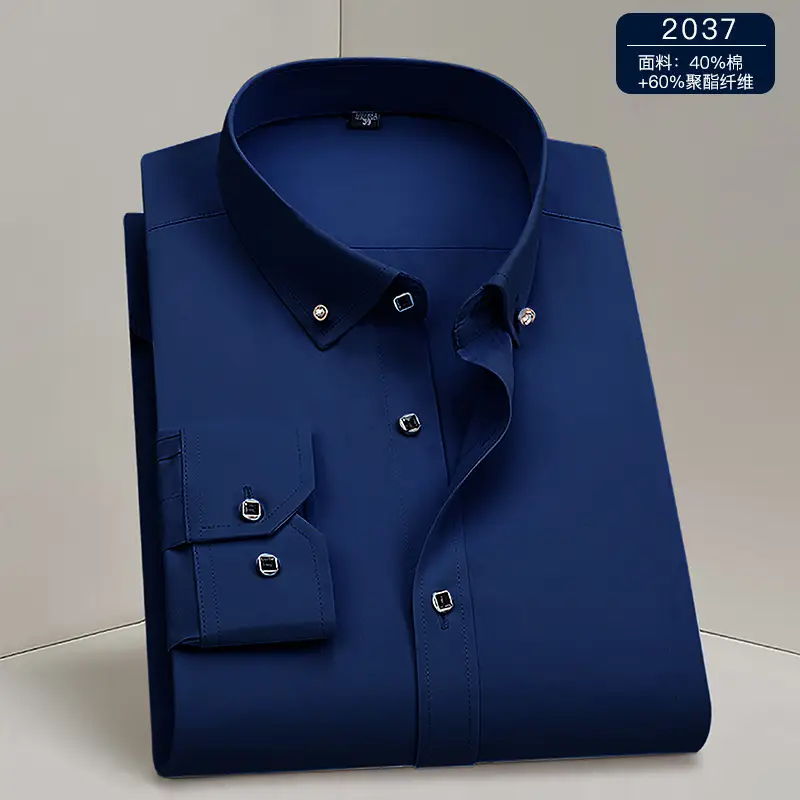 New Men's Blue Silk Long Sleeve Collar Shirt - Image 4