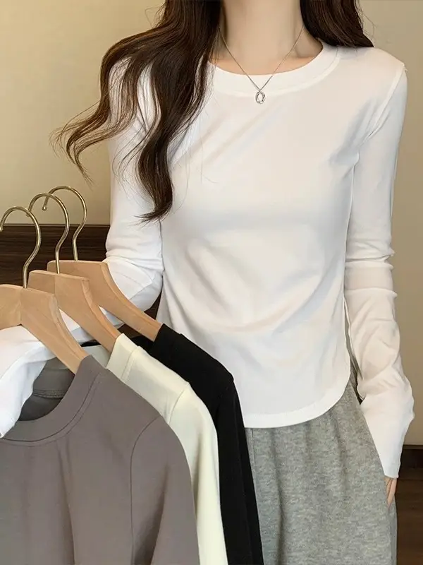 [Fleece-Lined/No Fleece] Pure Cotton Long-Sleeve T-Shirt for Women, Spring and Autumn, Irregular Curved Waist, Slimming Base Shirt Top