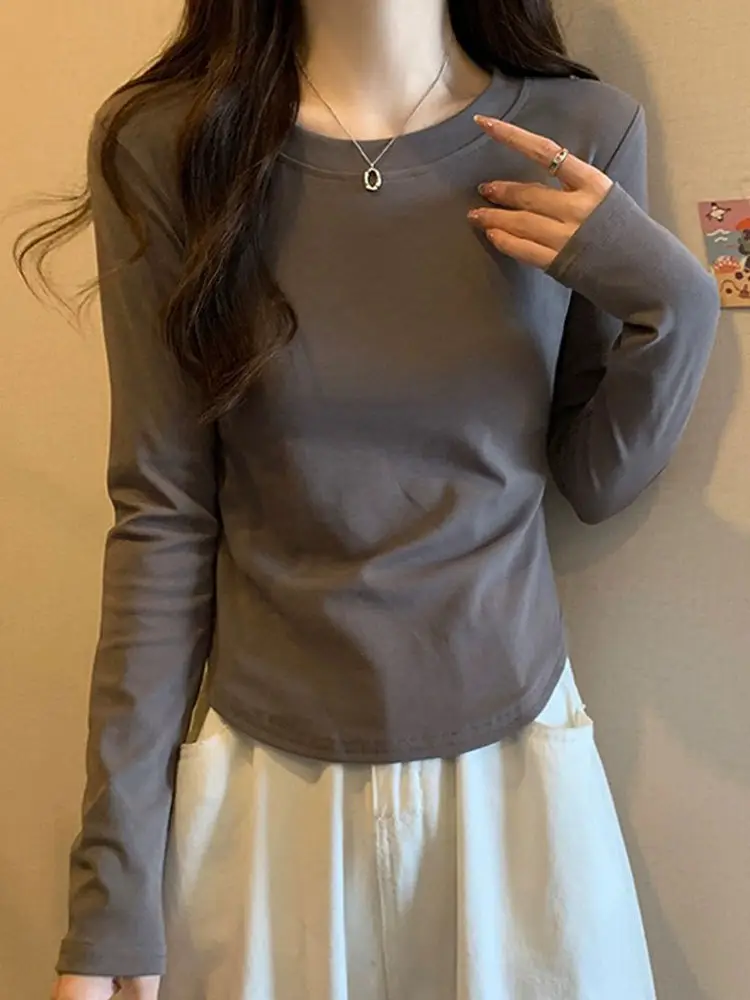 [Fleece-Lined/No Fleece] Pure Cotton Long-Sleeve T-Shirt for Women, Spring and Autumn, Irregular Curved Waist, Slimming Base Shirt Top