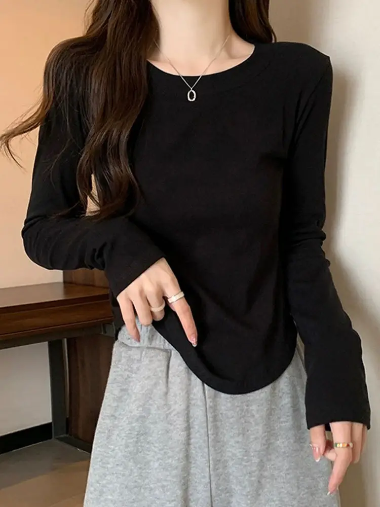 [Fleece-Lined/No Fleece] Pure Cotton Long-Sleeve T-Shirt for Women, Spring and Autumn, Irregular Curved Waist, Slimming Base Shirt Top