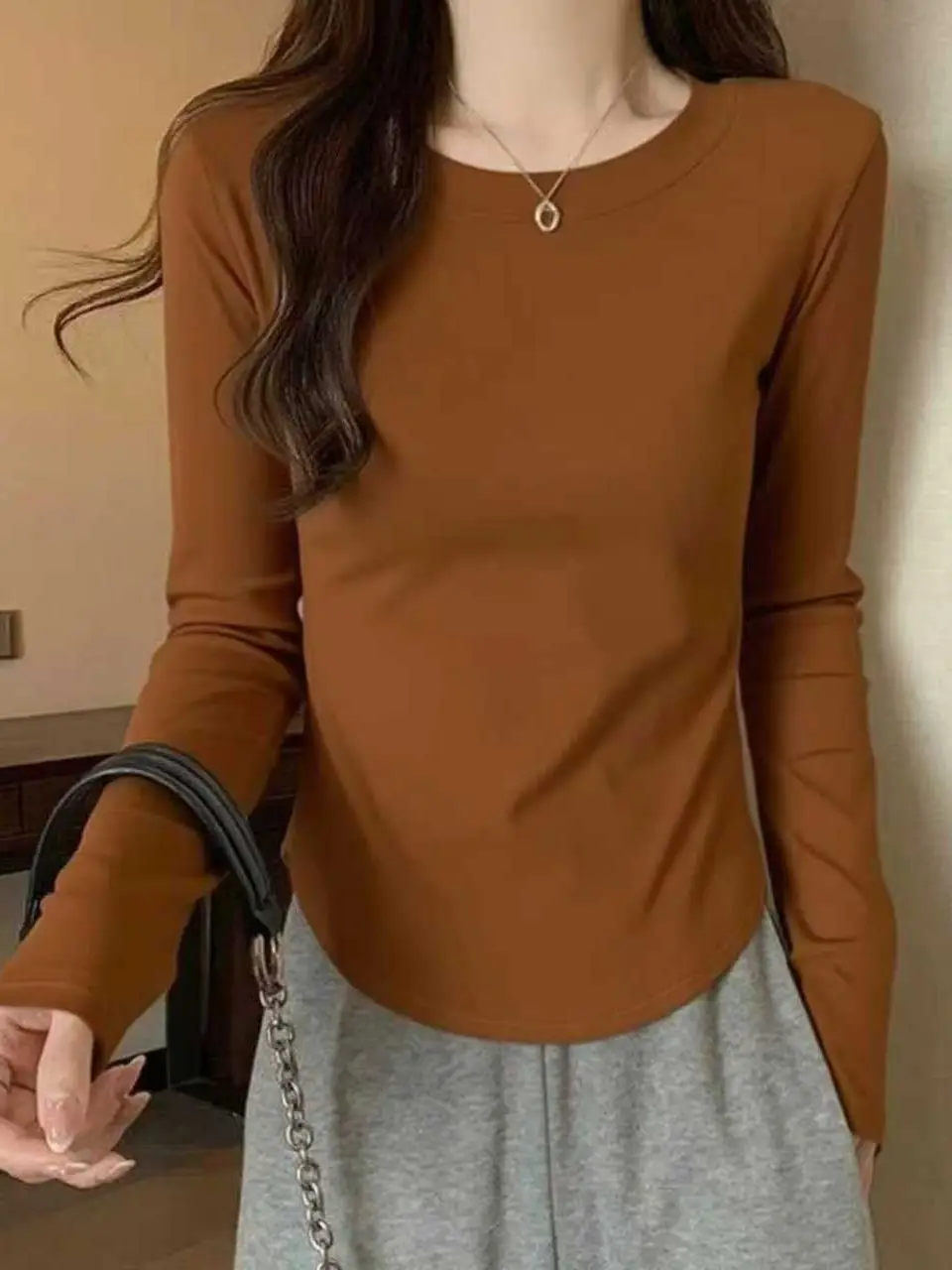 [Fleece-Lined/No Fleece] Pure Cotton Long-Sleeve T-Shirt for Women, Spring and Autumn, Irregular Curved Waist, Slimming Base Shirt Top
