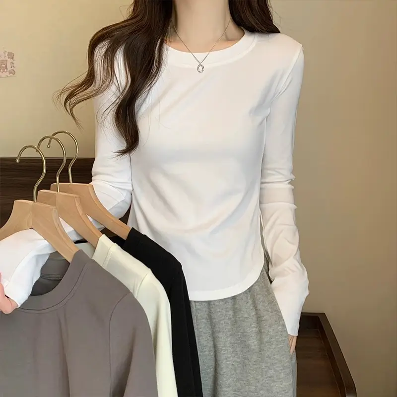 [Fleece-Lined/No Fleece] Pure Cotton Long-Sleeve T-Shirt for Women, Spring and Autumn, Irregular Curved Waist, Slimming Base Shirt Top — feature 1