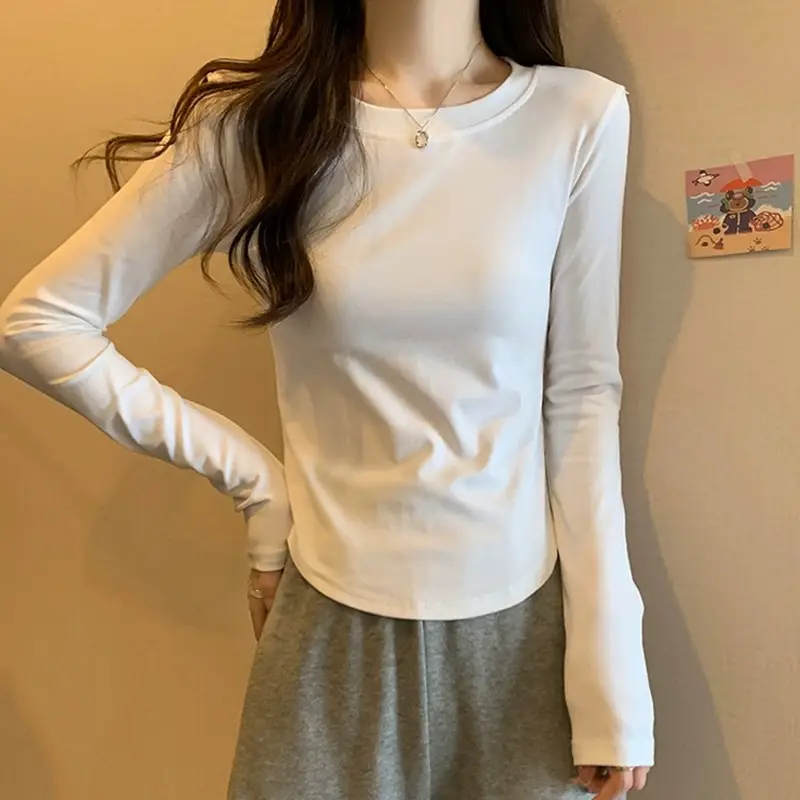 [Fleece-Lined/No Fleece] Pure Cotton Long-Sleeve T-Shirt for Women, Spring and Autumn, Irregular Curved Waist, Slimming Base Shirt Top — feature 11