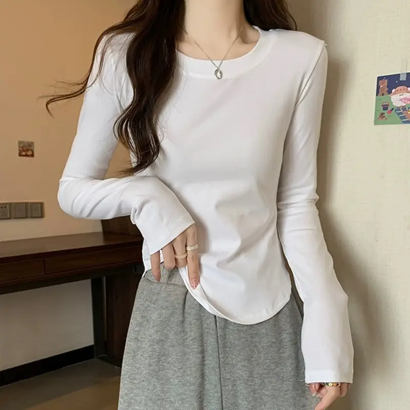 [Fleece-Lined/No Fleece] Pure Cotton Long-Sleeve T-Shirt for Women, Spring and Autumn, Irregular Curved Waist, Slimming Base Shirt Top — feature 13