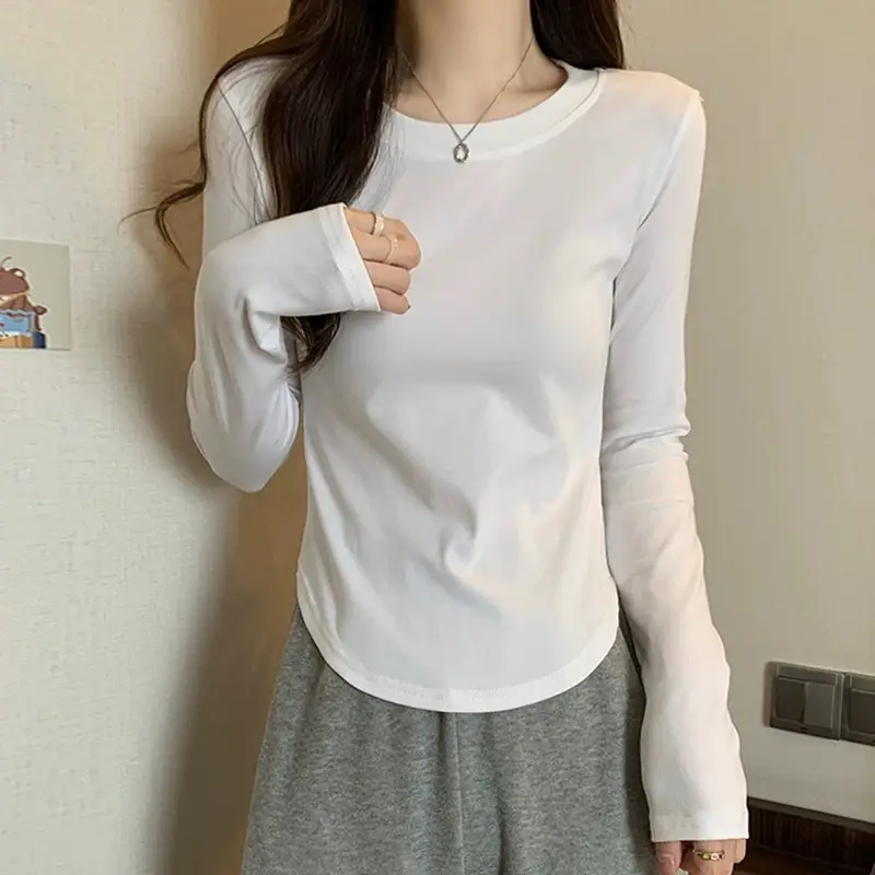 [Fleece-Lined/No Fleece] Pure Cotton Long-Sleeve T-Shirt for Women, Spring and Autumn, Irregular Curved Waist, Slimming Base Shirt Top — feature 14