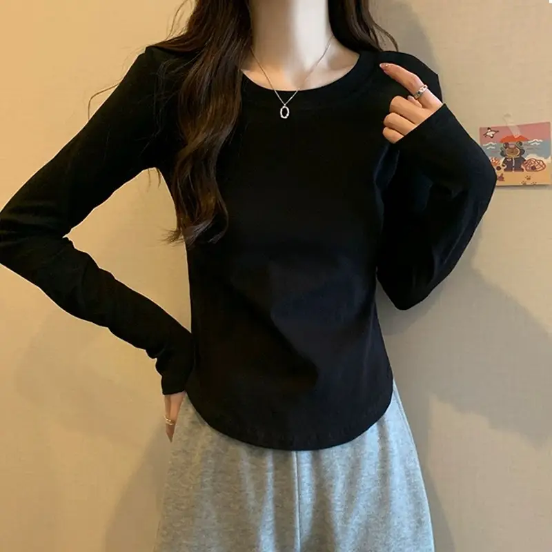 [Fleece-Lined/No Fleece] Pure Cotton Long-Sleeve T-Shirt for Women, Spring and Autumn, Irregular Curved Waist, Slimming Base Shirt Top — feature 15