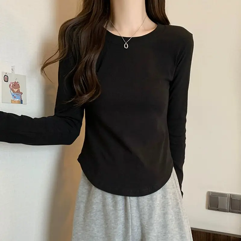 [Fleece-Lined/No Fleece] Pure Cotton Long-Sleeve T-Shirt for Women, Spring and Autumn, Irregular Curved Waist, Slimming Base Shirt Top — feature 17