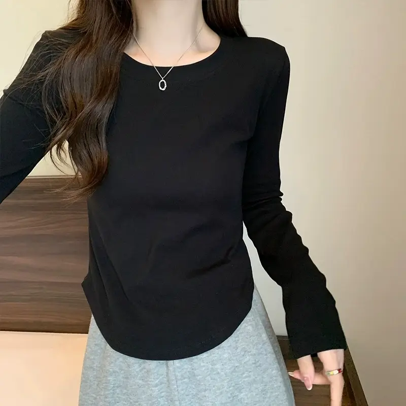 [Fleece-Lined/No Fleece] Pure Cotton Long-Sleeve T-Shirt for Women, Spring and Autumn, Irregular Curved Waist, Slimming Base Shirt Top — feature 18