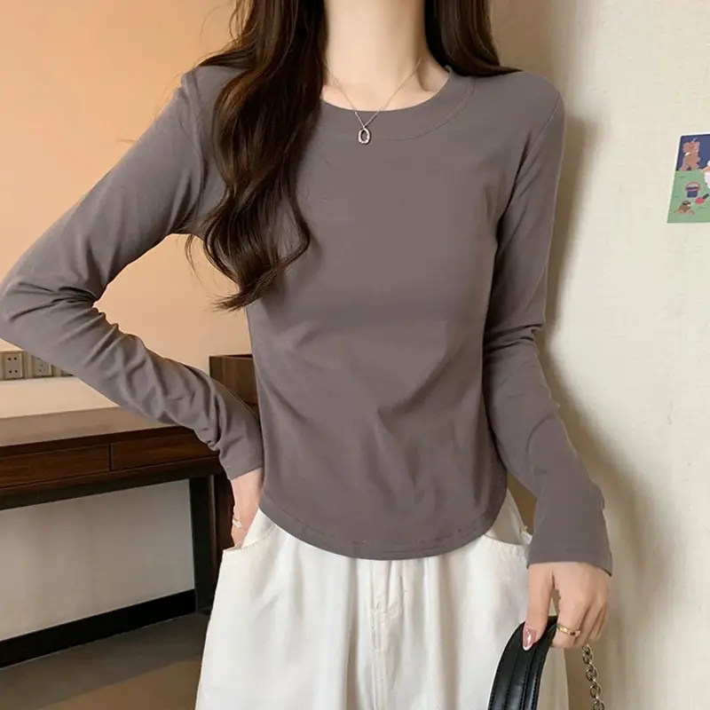 [Fleece-Lined/No Fleece] Pure Cotton Long-Sleeve T-Shirt for Women, Spring and Autumn, Irregular Curved Waist, Slimming Base Shirt Top — feature 19