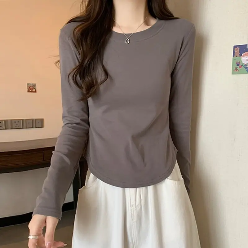 [Fleece-Lined/No Fleece] Pure Cotton Long-Sleeve T-Shirt for Women, Spring and Autumn, Irregular Curved Waist, Slimming Base Shirt Top — feature 20