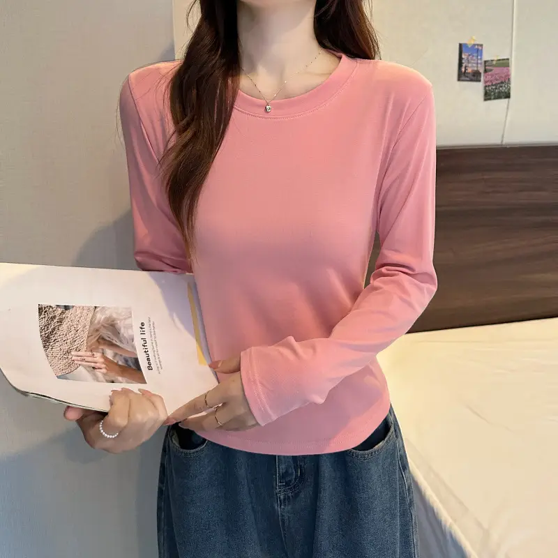 [Fleece-Lined/No Fleece] Pure Cotton Long-Sleeve T-Shirt for Women, Spring and Autumn, Irregular Curved Waist, Slimming Base Shirt Top — feature 21