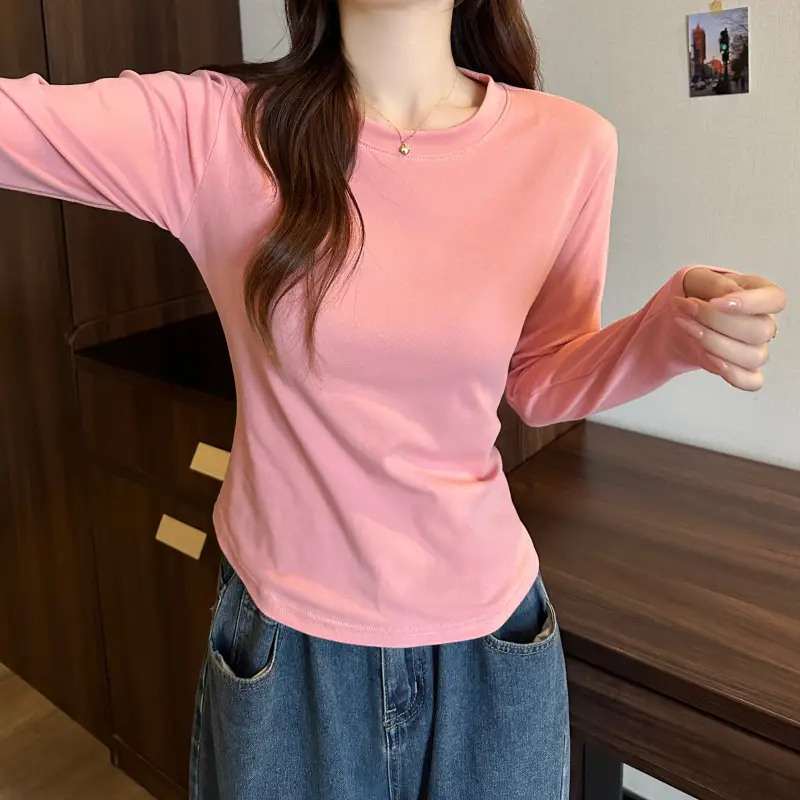 [Fleece-Lined/No Fleece] Pure Cotton Long-Sleeve T-Shirt for Women, Spring and Autumn, Irregular Curved Waist, Slimming Base Shirt Top — feature 22
