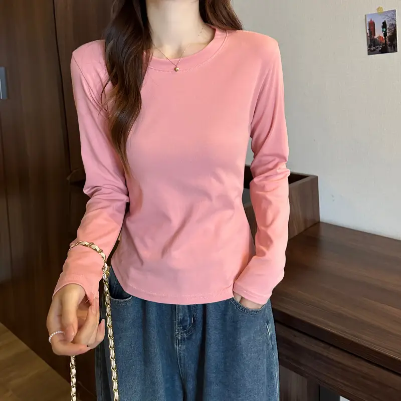 [Fleece-Lined/No Fleece] Pure Cotton Long-Sleeve T-Shirt for Women, Spring and Autumn, Irregular Curved Waist, Slimming Base Shirt Top — feature 23