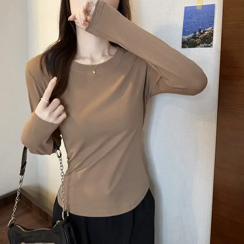 [Fleece-Lined/No Fleece] Pure Cotton Long-Sleeve T-Shirt for Women, Spring and Autumn, Irregular Curved Waist, Slimming Base Shirt Top — feature 24