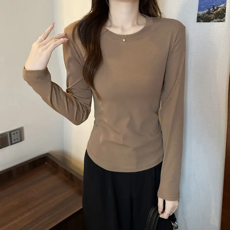 [Fleece-Lined/No Fleece] Pure Cotton Long-Sleeve T-Shirt for Women, Spring and Autumn, Irregular Curved Waist, Slimming Base Shirt Top — feature 25