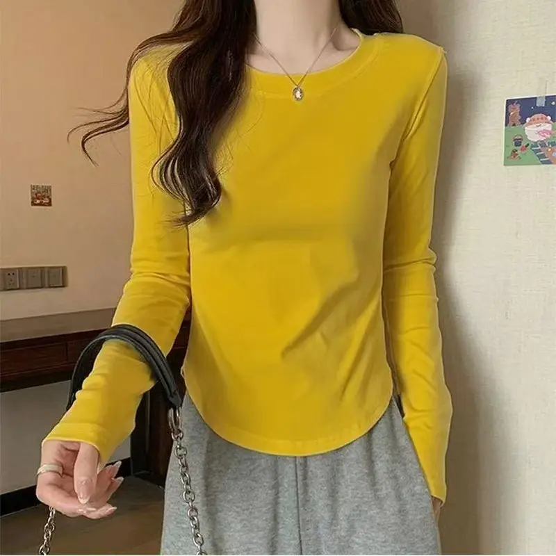 [Fleece-Lined/No Fleece] Pure Cotton Long-Sleeve T-Shirt for Women, Spring and Autumn, Irregular Curved Waist, Slimming Base Shirt Top