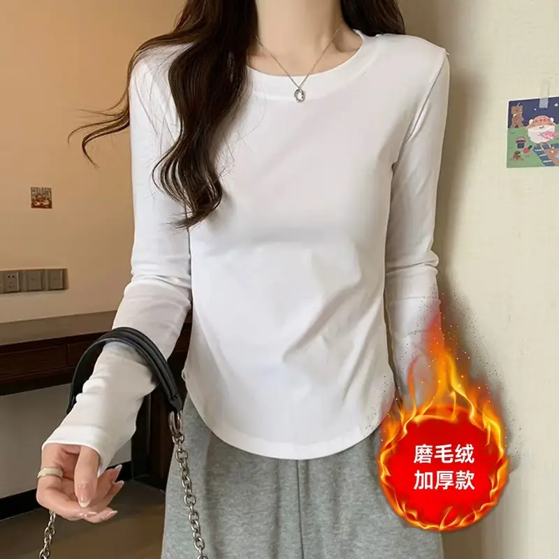 [Fleece-Lined/No Fleece] Pure Cotton Long-Sleeve T-Shirt for Women, Spring and Autumn, Irregular Curved Waist, Slimming Base Shirt Top