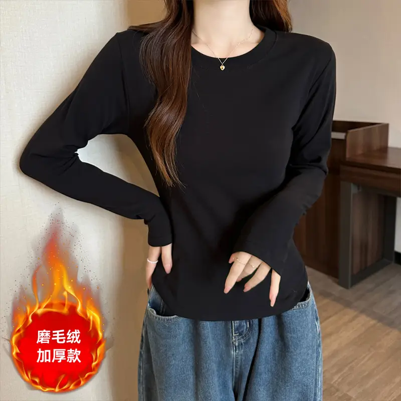 [Fleece-Lined/No Fleece] Pure Cotton Long-Sleeve T-Shirt for Women, Spring and Autumn, Irregular Curved Waist, Slimming Base Shirt Top