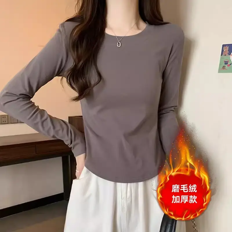 [Fleece-Lined/No Fleece] Pure Cotton Long-Sleeve T-Shirt for Women, Spring and Autumn, Irregular Curved Waist, Slimming Base Shirt Top