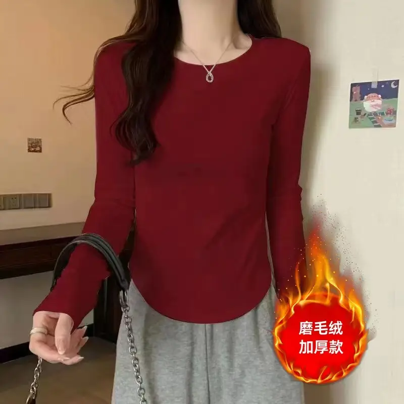 [Fleece-Lined/No Fleece] Pure Cotton Long-Sleeve T-Shirt for Women, Spring and Autumn, Irregular Curved Waist, Slimming Base Shirt Top