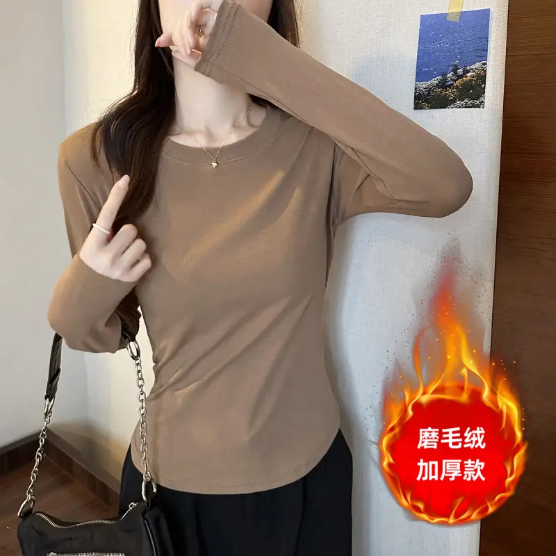 [Fleece-Lined/No Fleece] Pure Cotton Long-Sleeve T-Shirt for Women, Spring and Autumn, Irregular Curved Waist, Slimming Base Shirt Top