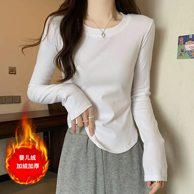 [Fleece-Lined/No Fleece] Pure Cotton Long-Sleeve T-Shirt for Women, Spring and Autumn, Irregular Curved Waist, Slimming Base Shirt Top