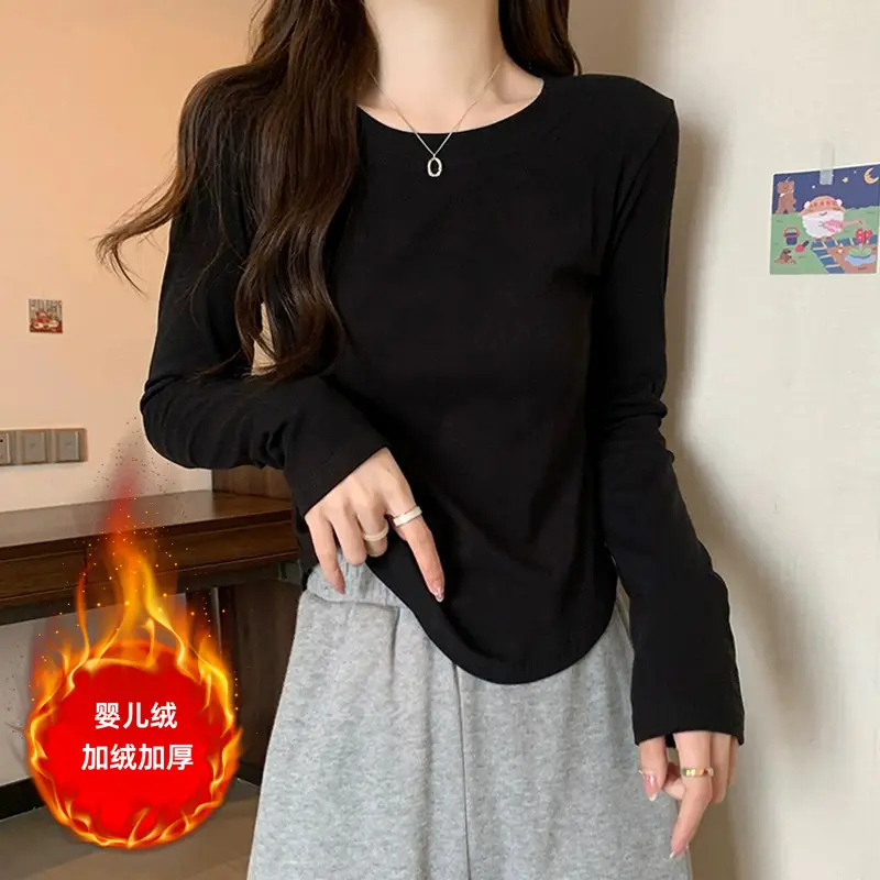 [Fleece-Lined/No Fleece] Pure Cotton Long-Sleeve T-Shirt for Women, Spring and Autumn, Irregular Curved Waist, Slimming Base Shirt Top