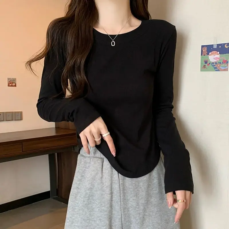 [Fleece-Lined/No Fleece] Pure Cotton Long-Sleeve T-Shirt for Women, Spring and Autumn, Irregular Curved Waist, Slimming Base Shirt Top
