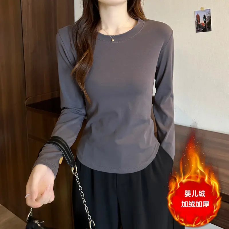 [Fleece-Lined/No Fleece] Pure Cotton Long-Sleeve T-Shirt for Women, Spring and Autumn, Irregular Curved Waist, Slimming Base Shirt Top