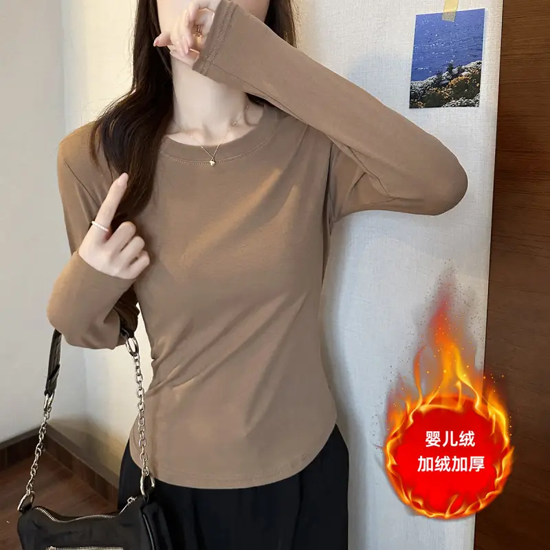 [Fleece-Lined/No Fleece] Pure Cotton Long-Sleeve T-Shirt for Women, Spring and Autumn, Irregular Curved Waist, Slimming Base Shirt Top