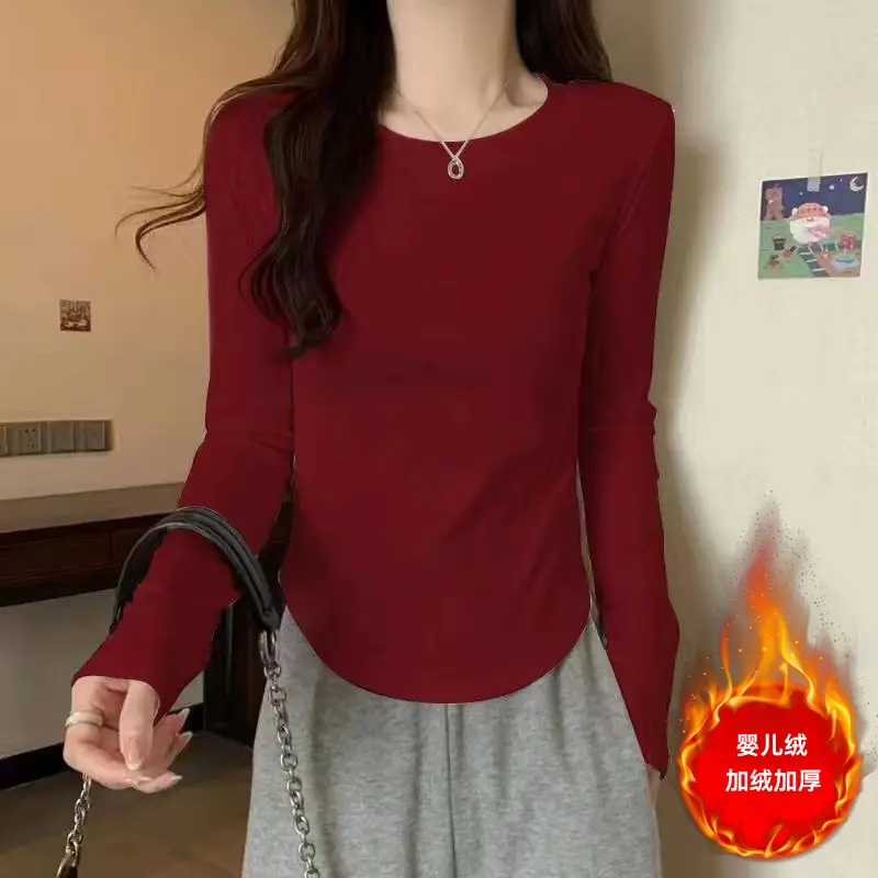 [Fleece-Lined/No Fleece] Pure Cotton Long-Sleeve T-Shirt for Women, Spring and Autumn, Irregular Curved Waist, Slimming Base Shirt Top