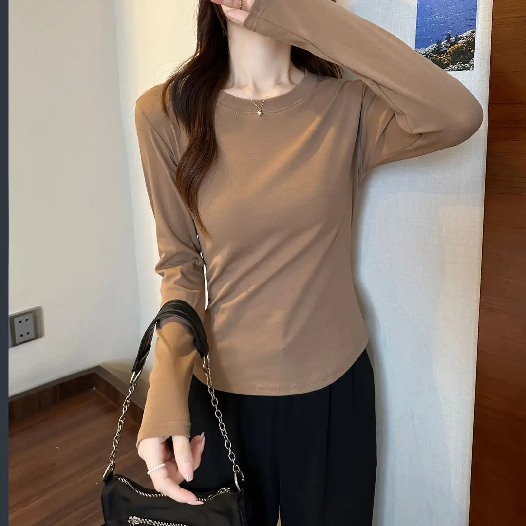 [Fleece-Lined/No Fleece] Pure Cotton Long-Sleeve T-Shirt for Women, Spring and Autumn, Irregular Curved Waist, Slimming Base Shirt Top