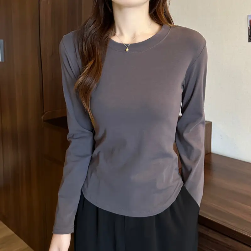 [Fleece-Lined/No Fleece] Pure Cotton Long-Sleeve T-Shirt for Women, Spring and Autumn, Irregular Curved Waist, Slimming Base Shirt Top