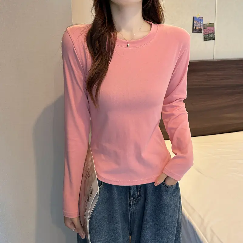 [Fleece-Lined/No Fleece] Pure Cotton Long-Sleeve T-Shirt for Women, Spring and Autumn, Irregular Curved Waist, Slimming Base Shirt Top