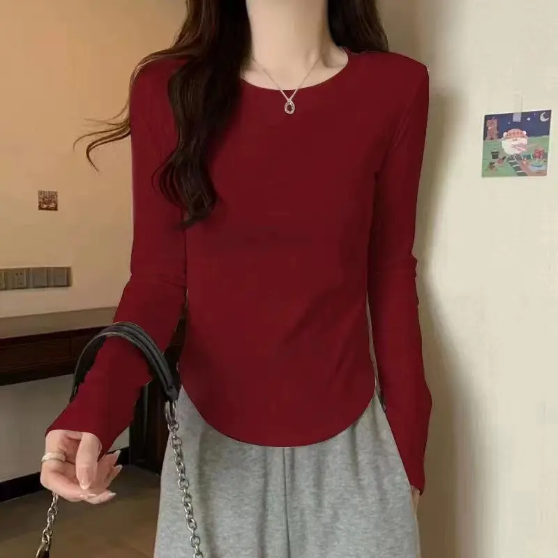[Fleece-Lined/No Fleece] Pure Cotton Long-Sleeve T-Shirt for Women, Spring and Autumn, Irregular Curved Waist, Slimming Base Shirt Top