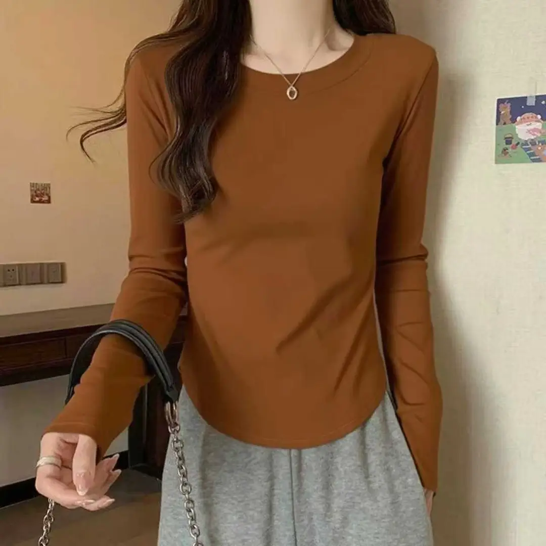 [Fleece-Lined/No Fleece] Pure Cotton Long-Sleeve T-Shirt for Women, Spring and Autumn, Irregular Curved Waist, Slimming Base Shirt Top
