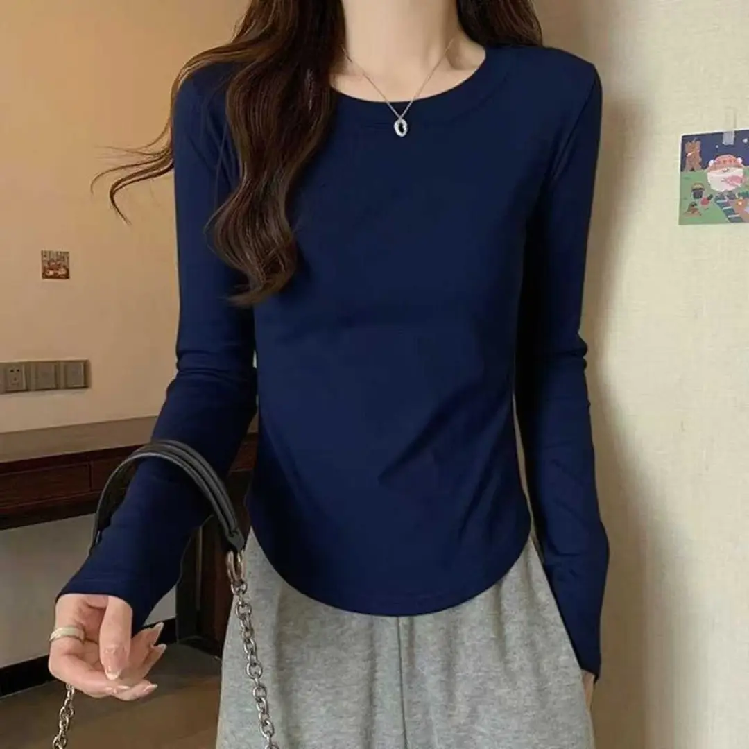 [Fleece-Lined/No Fleece] Pure Cotton Long-Sleeve T-Shirt for Women, Spring and Autumn, Irregular Curved Waist, Slimming Base Shirt Top
