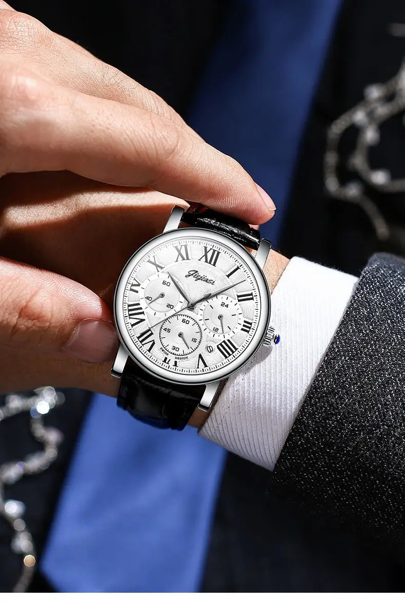 Jiejias Waterproof Luminous Calendar Men's Watch Black Leather Strap — feature 9